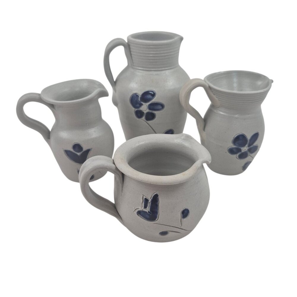 Williamsburg Pottery Set Stoneware Pitcher Creamer Gray Blue Flower Vintage
